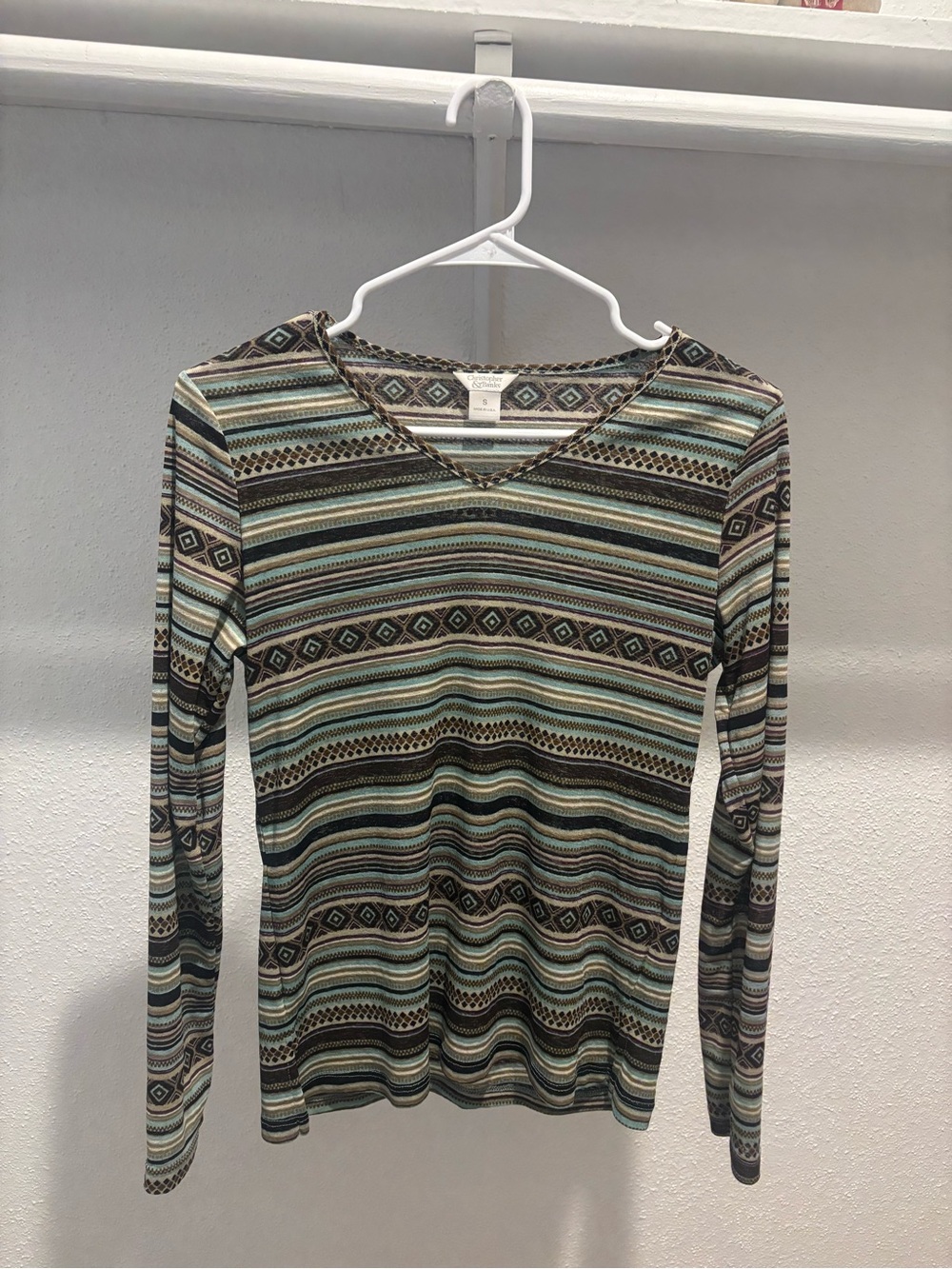 Christopher & Banks Teal and Brown Striped V-Neck Long Sleeve Top
